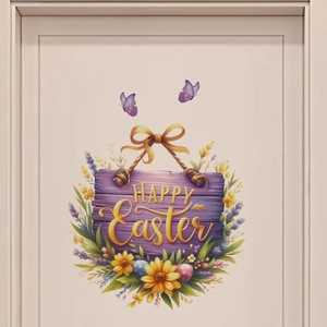 Easter PVC self-adhesive door sticker with flowers and Happy Easter wooden sign