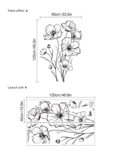 Detailed size layout and wall decal dimensions for black line floral art wall stickers