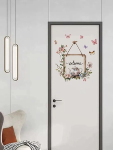 Detail of floral Welcome sign door sticker with watercolor butterflies and teapot