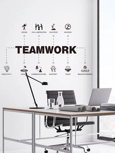 Close-up of black Teamwork wall decal with motivational office keywords on white wall