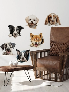 Detail of six 3D puppy wall stickers showing realistic dogs breaking through the wall