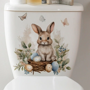 Easter rabbit and floral wreath wall sticker on white bathroom toilet tank background