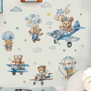 Pilot bear wall stickers with airplanes and hot air balloons for kids room decoration