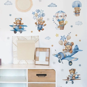 Pilot bear wall decals with airplanes and hot air balloons for kids room decoration