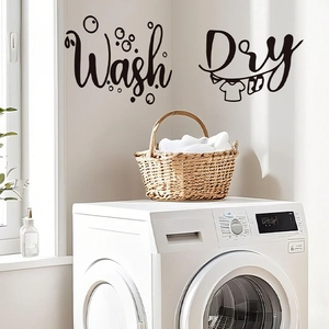 Wash and Dry black PVC wall decals for laundry room decoration featuring bubbles and clothes