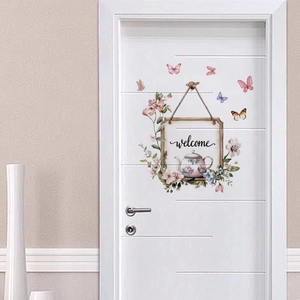 Pastoral Welcome Sign Door Stickers Butterflies Flowers PVC Self Adhesive Wall Decals For Bedroom Living Room Home Decor