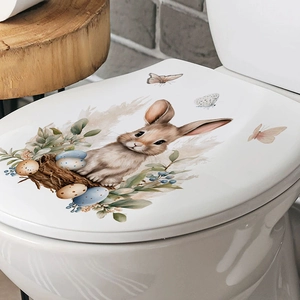 Easter bunny and colorful eggs watercolor PVC wall sticker on white toilet lid decor