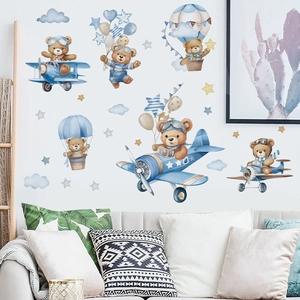 Cartoon pilot bear wall stickers with airplanes and hot air balloons for kids room