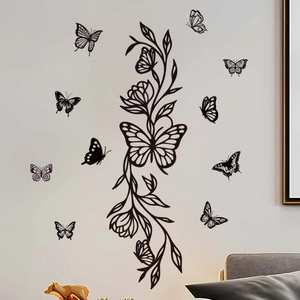 Elegant black butterfly and floral vine wall stickers for living room home decor