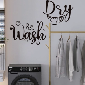 Wash and Dry black vinyl wall decals for laundry room decoration featuring modern script