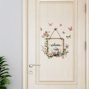 Self-adhesive PVC butterfly flower welcome wall sticker for home door decoration