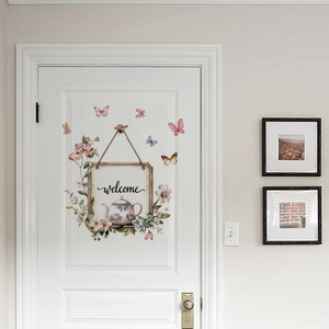 Self-adhesive PVC floral door sticker with welcome sign and butterflies for home decor