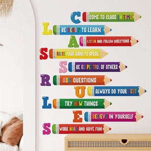 Class rules wall stickers with colorful pencil designs for kids bedroom decor