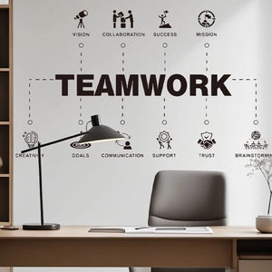 Teamwork office wall decal with corporate values and icons for meeting room decor