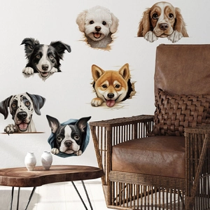 Set of six 3D cute dog wall stickers showing funny puppies popping out from wall cracks