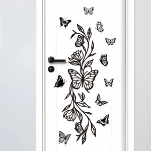 Black butterfly and floral PVC wall stickers for home decor on white interior door