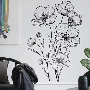 Black Line Art Poppy Flower Wall Decals PVC Artistic Minimalist Floral Wall Stickers For Living Room Bedroom Home Decor