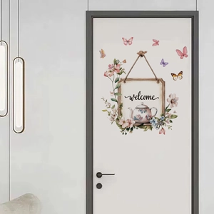 Pastoral Welcome wall decal with flowers, butterflies, and teapot for home door decoration