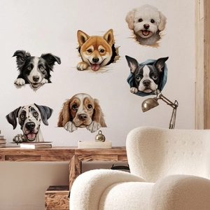 3D cute dog wall decals featuring 6 breeds breaking through white wall for home decor