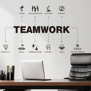 Office wall decal with teamwork theme and motivational business keywords on white wall