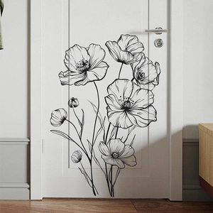 Minimalist black line art poppy flower wall sticker for modern home decor on white door