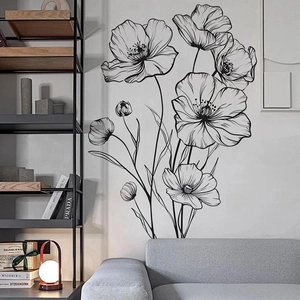 Minimalist black line poppy flower wall stickers for modern living room decor