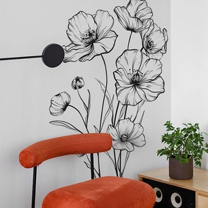 Modern black line poppy flower wall stickers for minimalist bedroom or living room decor