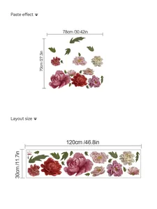 Maßtabelle mit 78x70cm Layout und 120x30cm Pfingstrosen Wandaufkleber Abmessungen aus PVC
