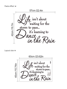 Detail showing Life is learning to dance in the rain wall sticker layout and dimensions