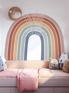 Detail of Morandi rainbow wall decal with positive quotes like I AM BRAVE in a nursery