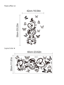 Size specifications for black butterfly and heart wall stickers showing 42x59cm final layout