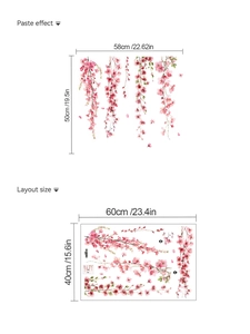 Pink cherry blossom wall sticker layout size 60x40cm and final paste effect display