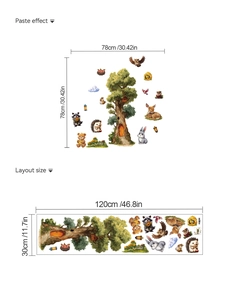 Detail of forest animal wall stickers showing layout size and installation dimensions