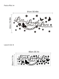 Size guide for Live Laugh Love wall sticker showing layout and finished dimensions