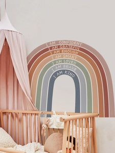 Detail of Boho rainbow wall decals with motivational quotes for kids room decor