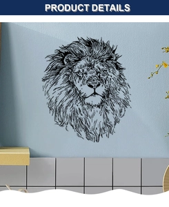 Detail showing a black and white lion sketch wall sticker on a light blue textured wall