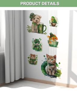 Macro detail of St. Patrick's Day animal wall stickers featuring watercolor pet designs