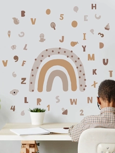 Detail of boho alphabet and number wall stickers with rainbow and cute animal illustrations