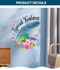 Detail of Spread Kindness wall sticker with blue feathers and purple daisy flowers