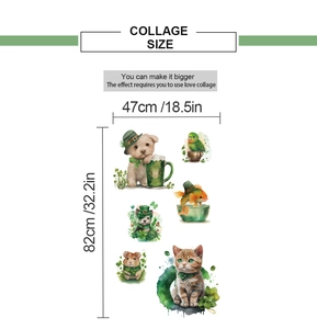 Collage size detail for St. Patrick's Day pet stickers showing dimensions 47x82cm