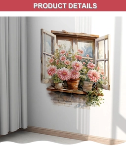 Detail showing 3D wall sticker with pink flowers and a European window scene design