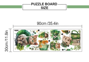 St. Patrick's Day pet wall decal dimensions guide showing pets with clovers and 90x30cm size