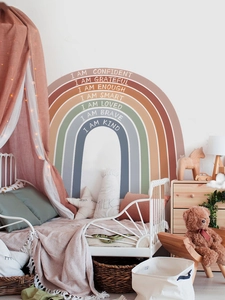 Close-up of Morandi rainbow wall decal with inspirational phrases for kids' bedroom decor