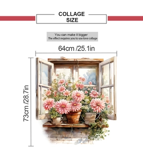 Detailed size chart for window-view wall sticker with pink flowers and ceramic pots