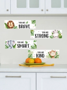 Detail of four cartoon animal motivational wall stickers featuring lion and hippo designs