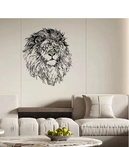 Detailed lion head sketch wall decal applied to a minimalist living room background