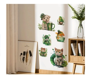 Macro detail of St. Patrick's Day animal wall stickers featuring cute dogs and clovers