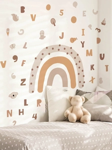 Detailed view of Morandi rainbow wall stickers with alphabets and numbers for kids' rooms