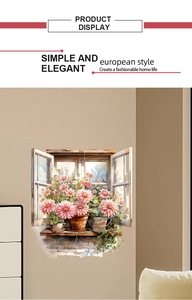 Detail of pink floral window wall sticker with watercolor daisy and vintage frame