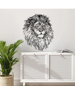 Detail of minimalist black lion sketch wall sticker in a modern living room setting